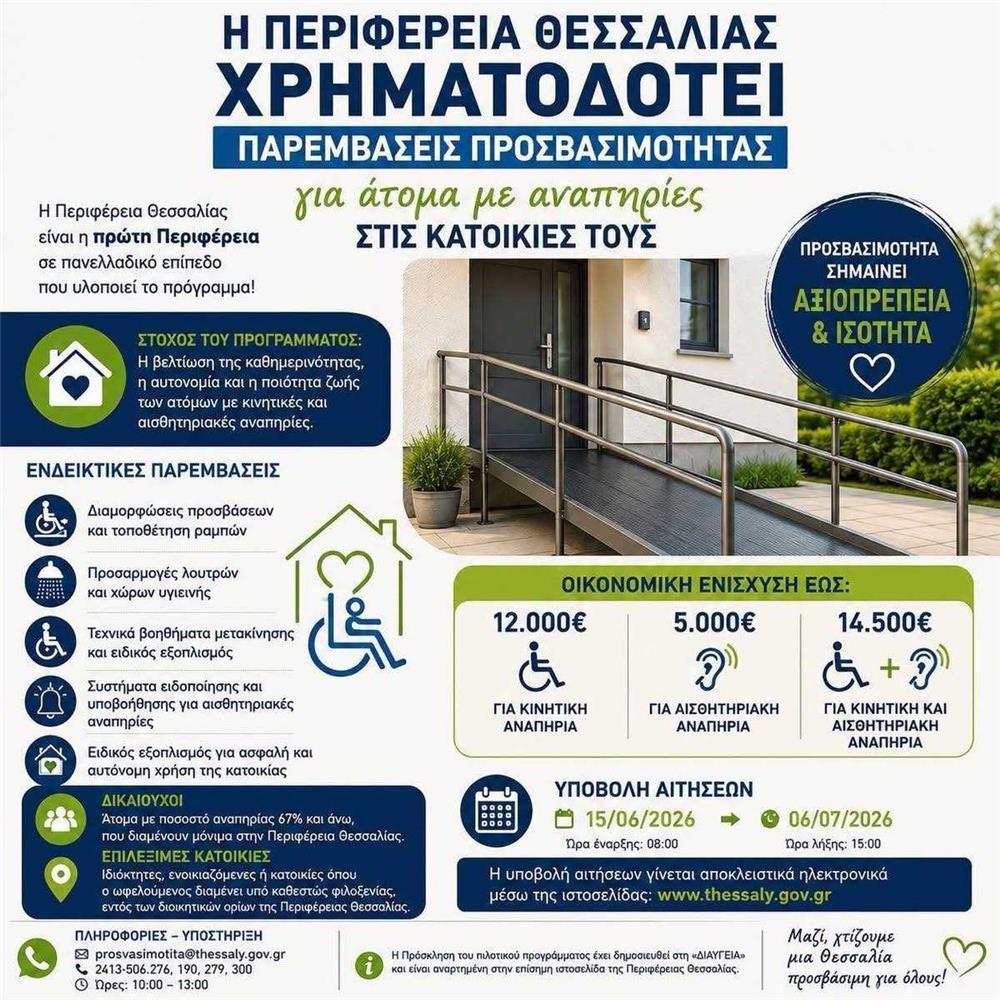«Τρέχει» η προθεσμία υποβολής αιτήσεων για το πρόγραμμα της Περιφέρειας «Ανεξάρτητη διαβίωση Ατόμων με Αναπηρία μέσα από τεχνικές παρεμβάσεις προσβασιμότητας»