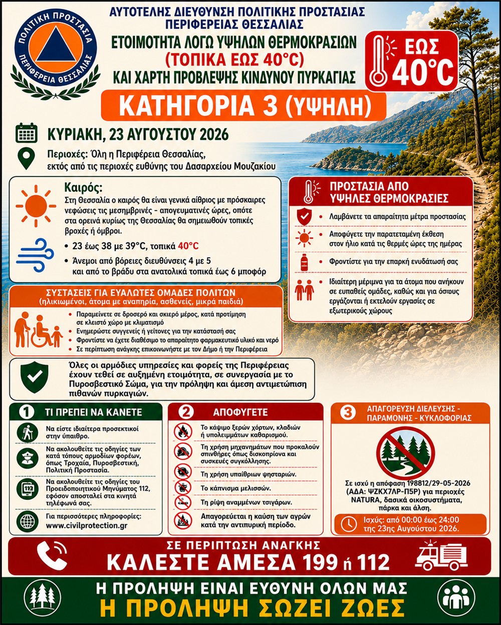 Ετοιμότητα λόγω υψηλών θερμοκρασιών (τοπικά έως 40 βαθμούς Κελσίου) και Χάρτη πρόβλεψης κινδύνου πυρκαγιάς (κατηγορία 3) που ισχύει για την Κυριακή 23 Αυγούστου 2026