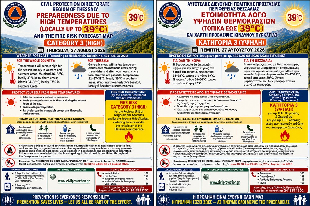 Ετοιμότητα για θερμοκρασίες έως 39°C και κίνδυνο πυρκαγιάς κατηγορίας 3 – Πέμπτη 27 Αυγούστου 2026