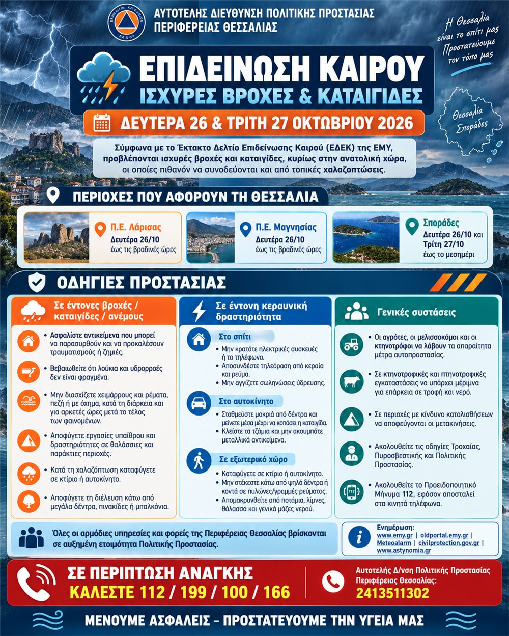 Επιδείνωση του καιρού τη Δευτέρα (26-10-2026) και την Τρίτη (27-10-2026) σε Λάρισα, Μαγνησία και Σποράδες με ισχυρές βροχές και καταιγίδες και πιθανές τοπικές χαλαζοπτώσεις