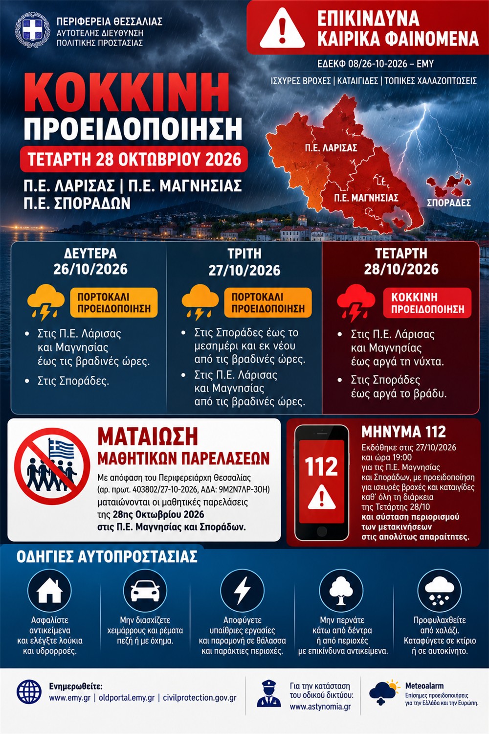 Επικίνδυνα καιρικά φαινόμενα στις Π.Ε. Λάρισας, Μαγνησίας και Σποράδων την Τετάρτη (28-10-2026) – Προειδοποίηση 112 και ματαίωση μαθητικών παρελάσεων σε Μαγνησία και Σποράδες